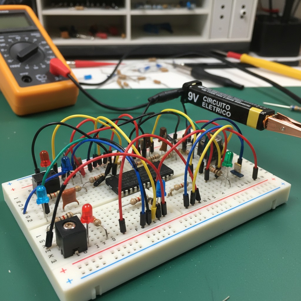 Una breadboard collegata a una batteria e a vari componenti elettronici con fili colorati su un tavolo da lavoro.