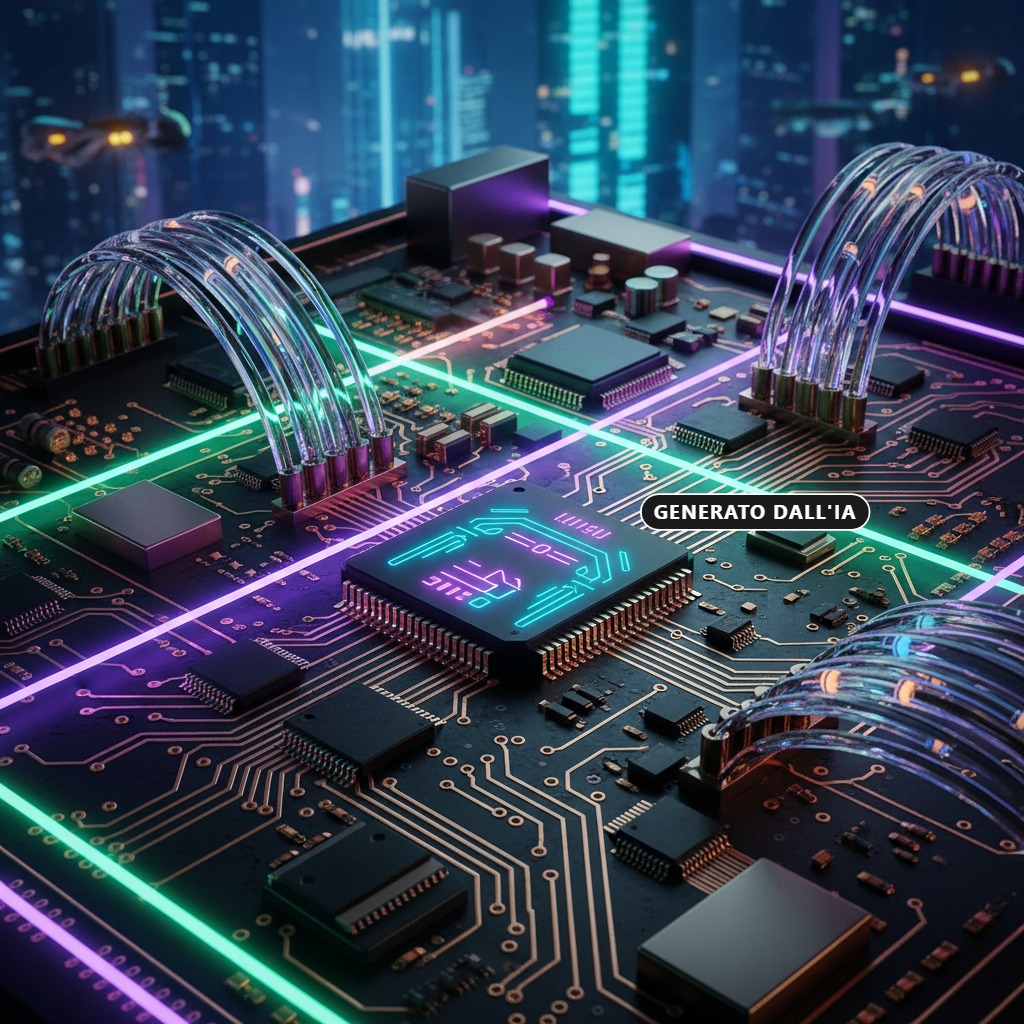 Un circuito stampato complesso con componenti elettronici, chip e fasci di fibre ottiche illuminate da luci al neon su uno sfondo sfocato di città. (generato dall'IA)